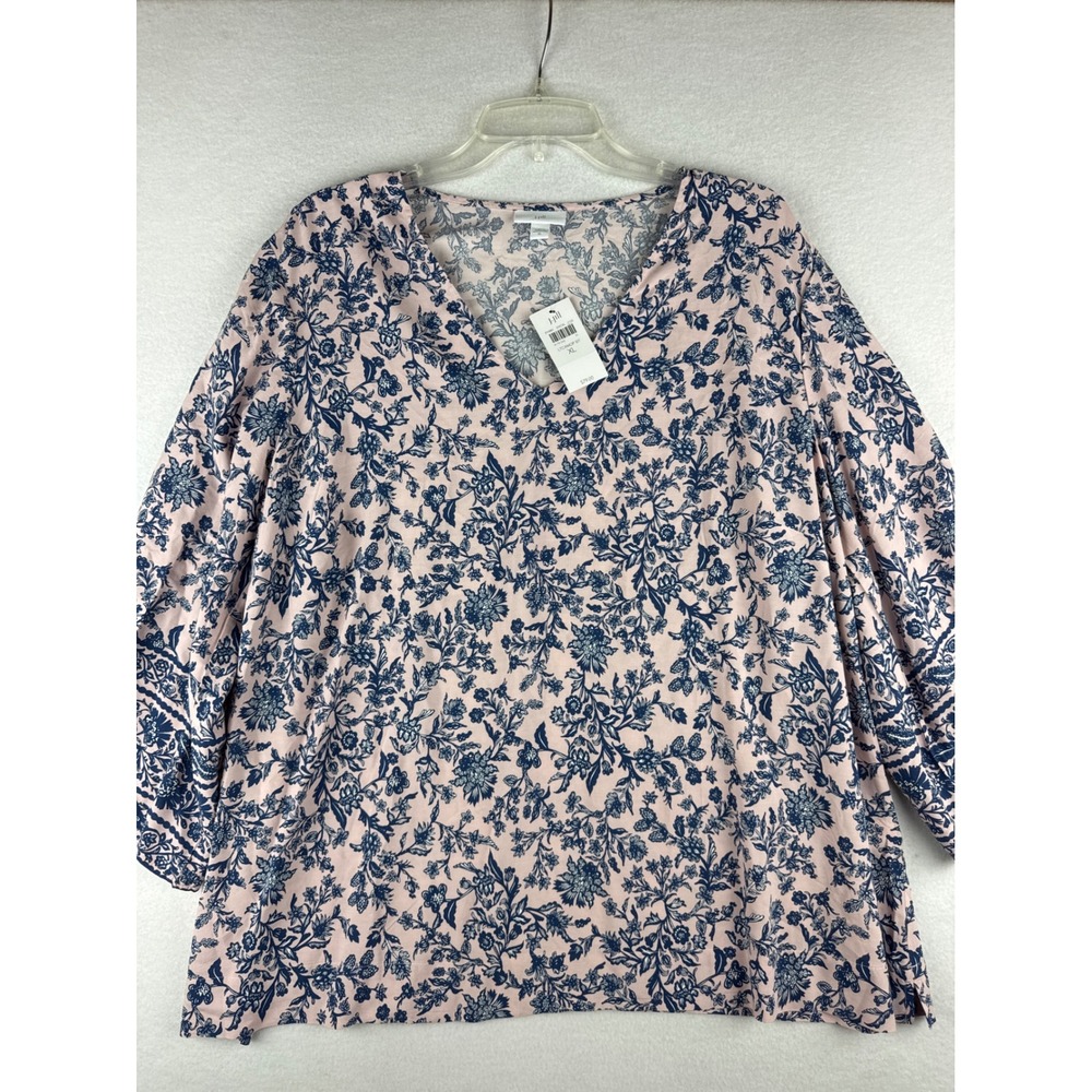 J. Jill Womens XL Pink Navy Blue Floral V-Neck 3/4 Sleeve Rayon Blouse NEW